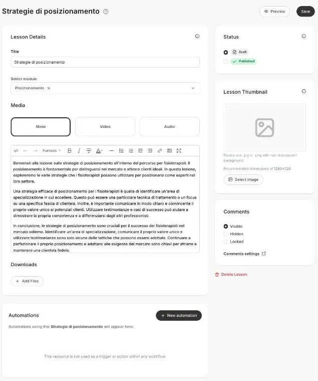 Una lezione aperta nell'editor
