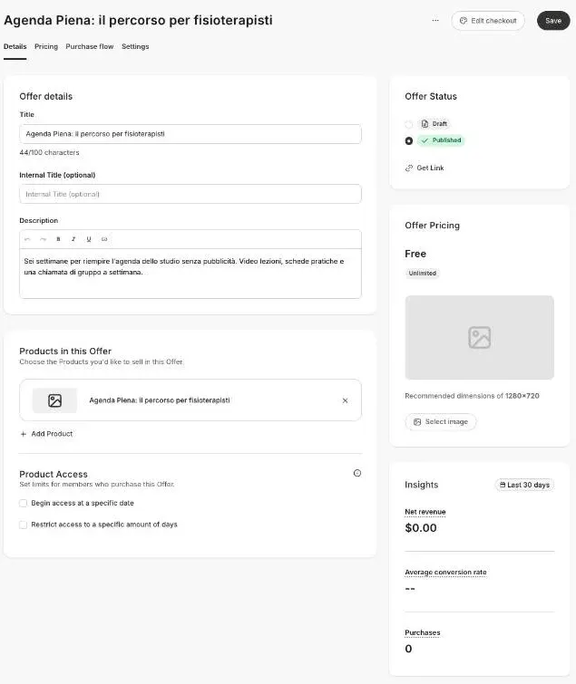 La pagina di un'offerta in Kajabi