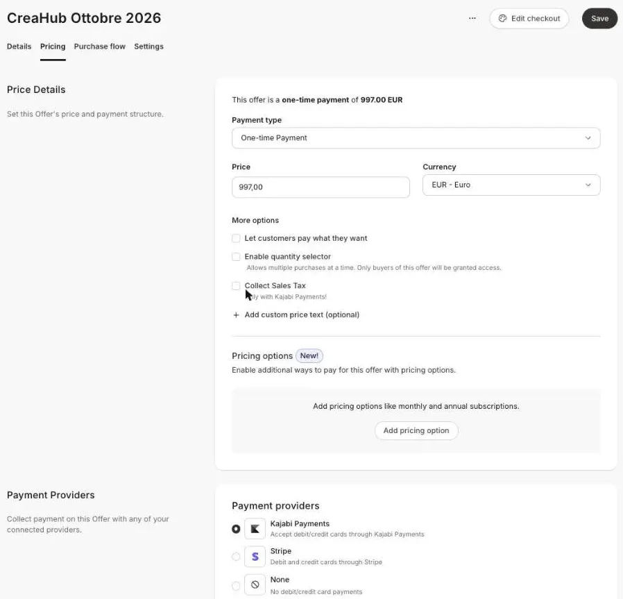 La scheda Pricing di un'offerta in Kajabi